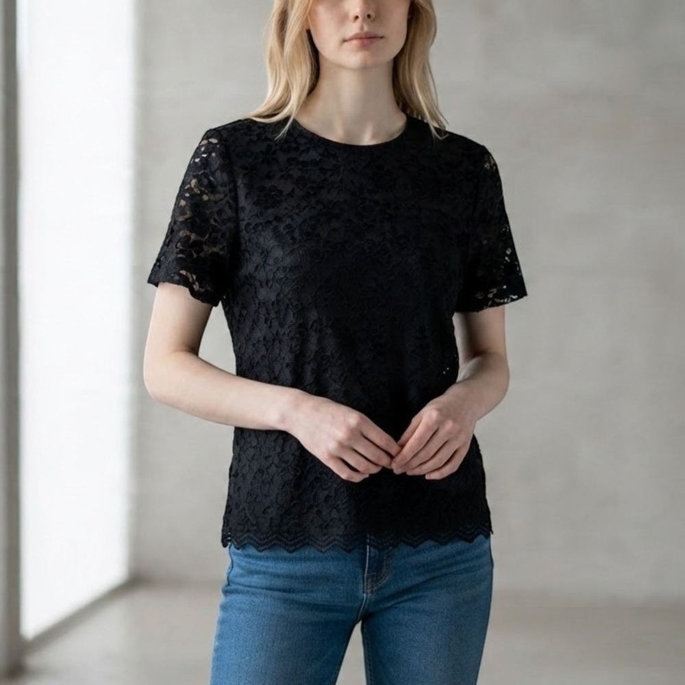 Teddi Rose Lace Top Black Medium Floral Short Sleeve Scalloped Keyhole